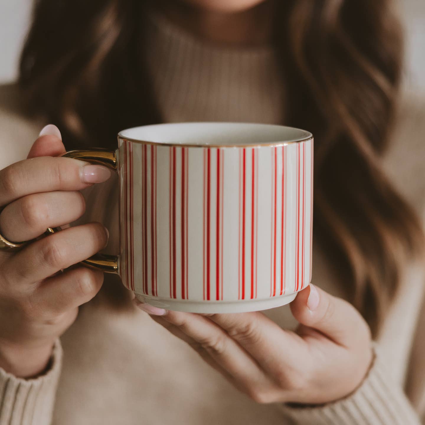 Red Stripe 14oz Mug – Holiday Coffee Mug with Gold Handle | Christmas Gift