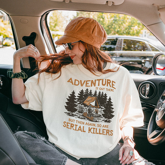 Close-up of Adventure Is Out There graphic — true crime inspired nature shirt for hikers