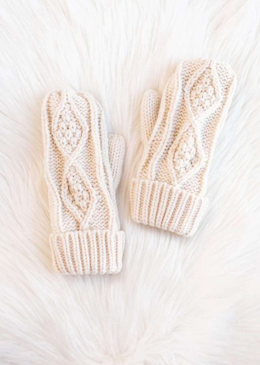 Beige Cable Knit Mittens – Fleece Lined Winter Gloves | Holiday Gift