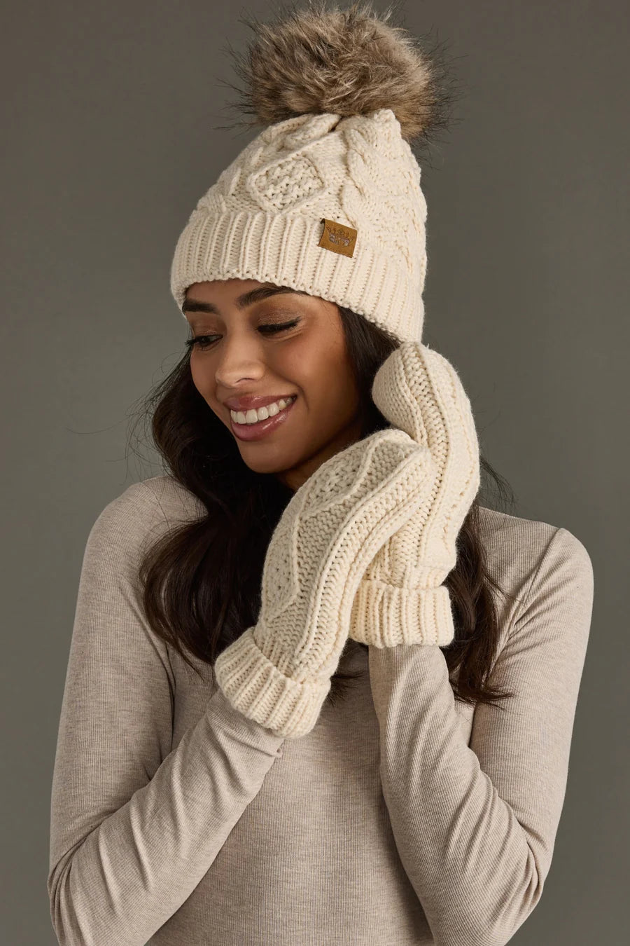Beige Cable Knit Pom Beanie – Winter Hat with Faux Fur Pom | Holiday Gift
