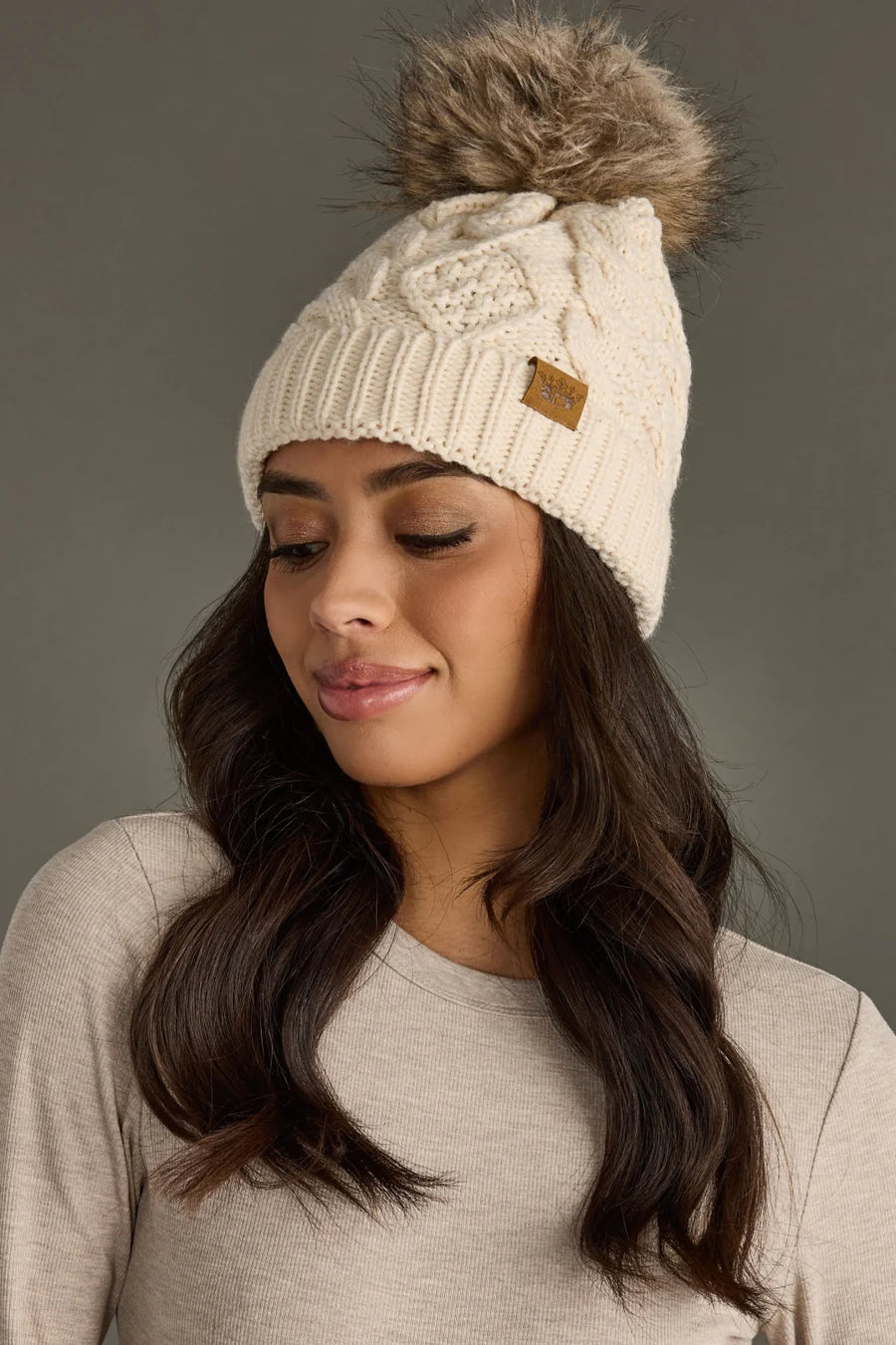 Beige Cable Knit Pom Beanie – Winter Hat with Faux Fur Pom | Holiday Gift