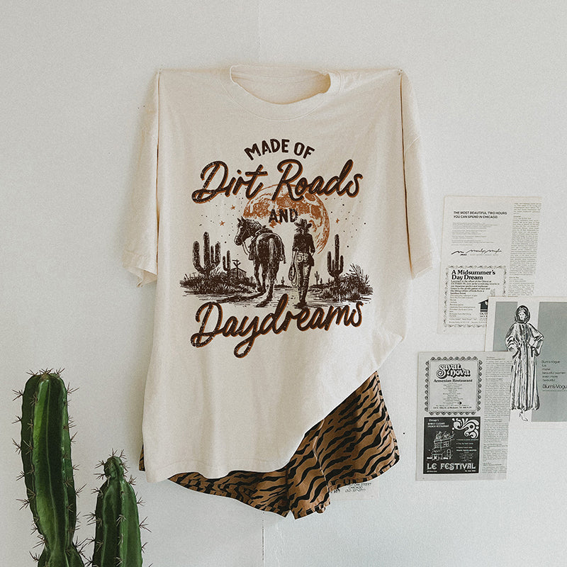 Hanging tee with denim shorts — relaxed cowgirl graphic shirt styled for summer