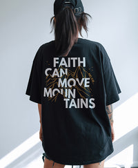 Back of black Faith Can Move Mountains tee — multicolor Matthew 17:20 Bible verse design