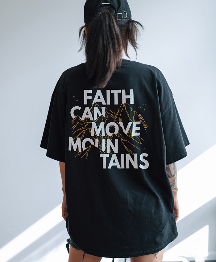 Back of black Faith Can Move Mountains tee — multicolor Matthew 17:20 Bible verse design