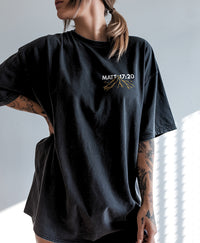 Front view of Faith Can Move Mountains tee in black — Christian graphic t-shirt for men and women