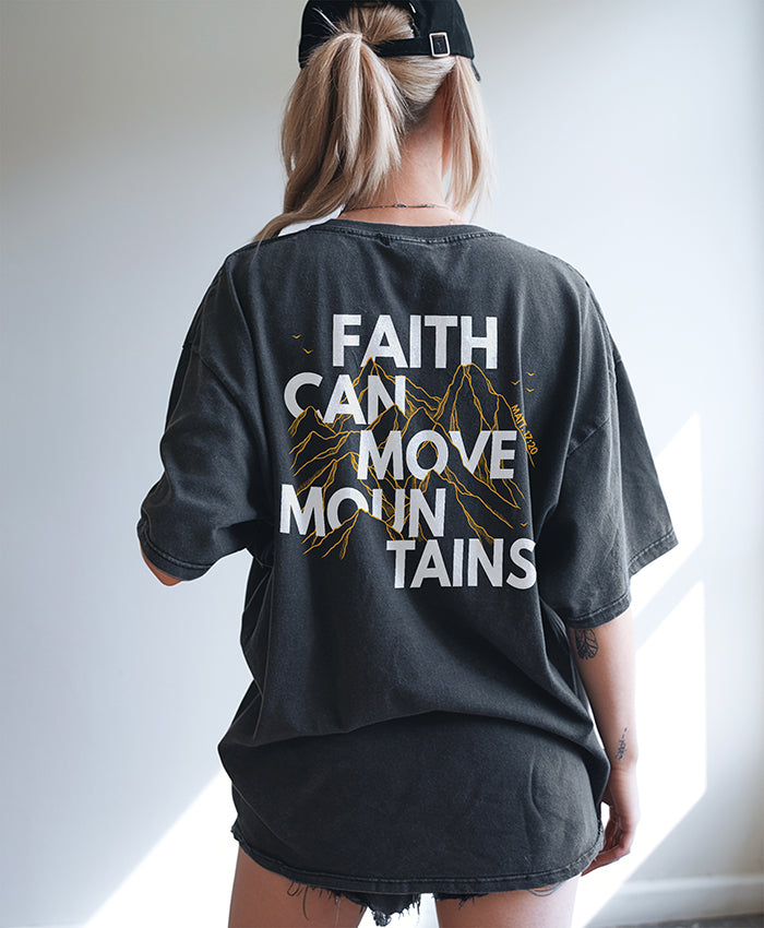 Back of graphite graphic tee — faith-based design inspired by Matthew 17:20
