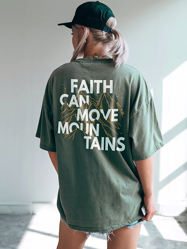 Back view of moss tee — Christian graphic shirt with multicolor Bible verse print