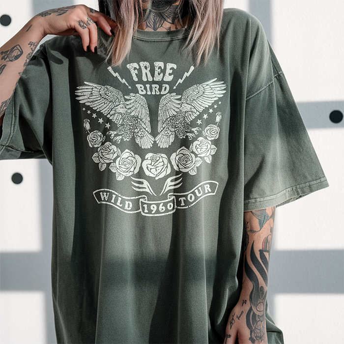Free Bird t-shirt in moss — bohemian graphic tee with bold wing and rose design