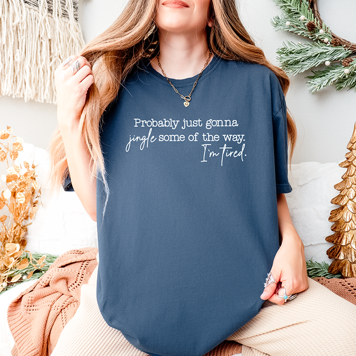 Woman wearing midnight Comfort Colors Christmas tee with sarcastic holiday quote – cozy unisex graphic tee