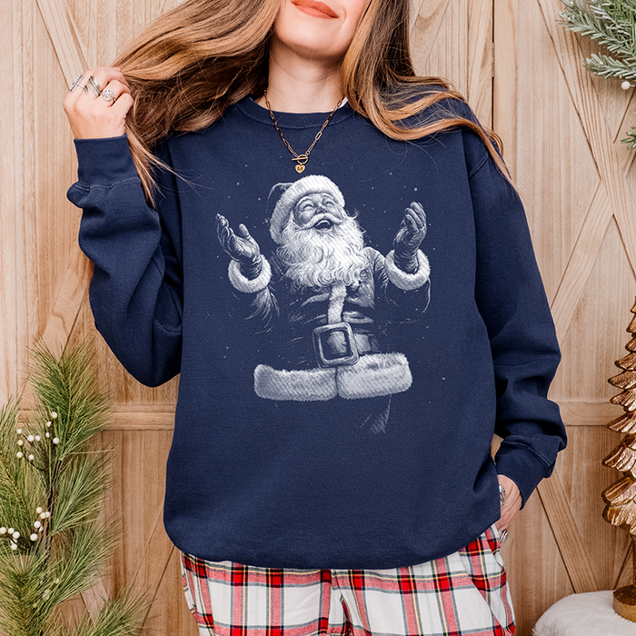 Woman wearing navy “Joyful Santa” sweatshirt with holiday décor – cozy unisex Christmas crewneck