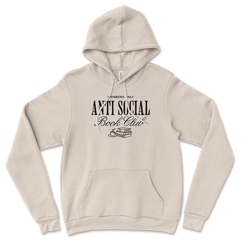 Heather dust Antisocial Book Club hoodie flat lay – minimalist book stack graphic on soft fleece sweatshirt for book lovers