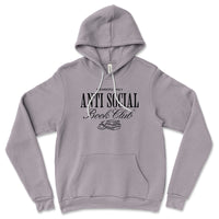 Storm gray Antisocial Book Club hoodie flat lay – minimalist stack of books design on soft fleece hoodie for cozy book lovers