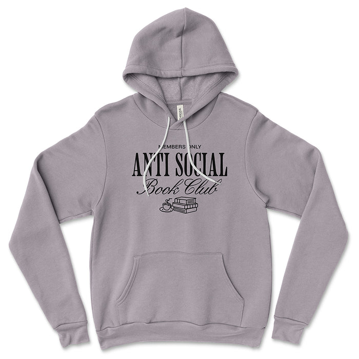 Storm gray Antisocial Book Club hoodie flat lay – minimalist stack of books design on soft fleece hoodie for cozy book lovers