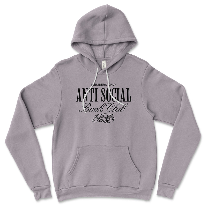 Storm gray Antisocial Book Club hoodie flat lay – minimalist stack of books design on soft fleece hoodie for cozy book lovers