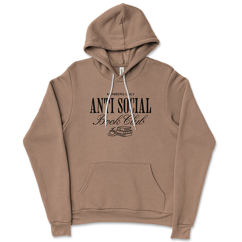 Vintage brown Antisocial Book Club hoodie – cozy fleece book lover hoodie with stack of books graphic and members only text