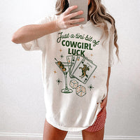 Casual styled model in Just a Tini Bit of Cowgirl Luck tee — relaxed fit country shirt with martini design