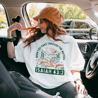 Model styled in white Isaiah 43:2 tee with denim — faith-forward graphic shirt with positive message